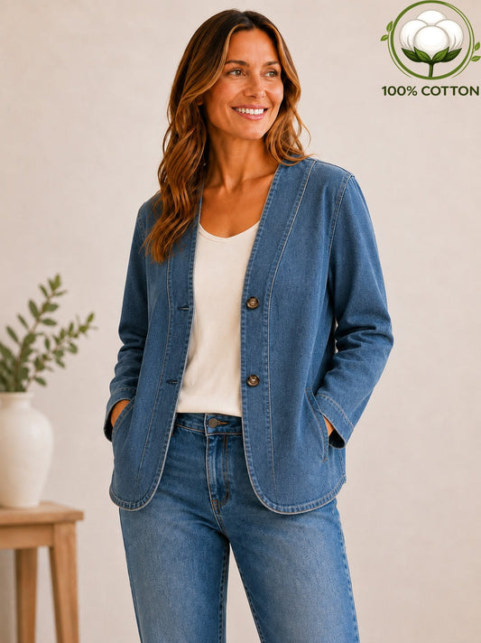 Woman wearing a LoomBasics 100% cotton blue denim jacket over a white top and matching jeans.