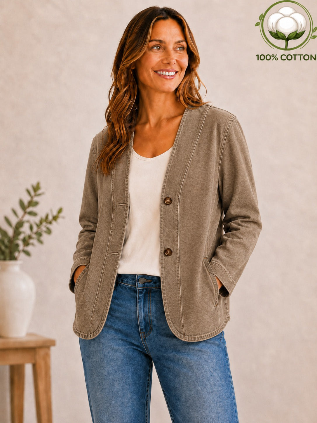 Woman wearing a LoomBasics vintage 100% cotton brown shirt jacket and blue jeans.