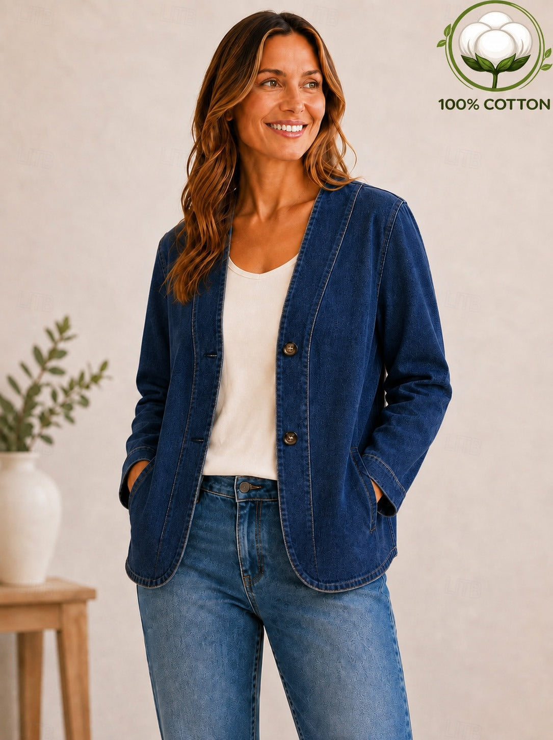 Woman wearing a LoomBasics 100% cotton blue denim jacket and matching jeans.