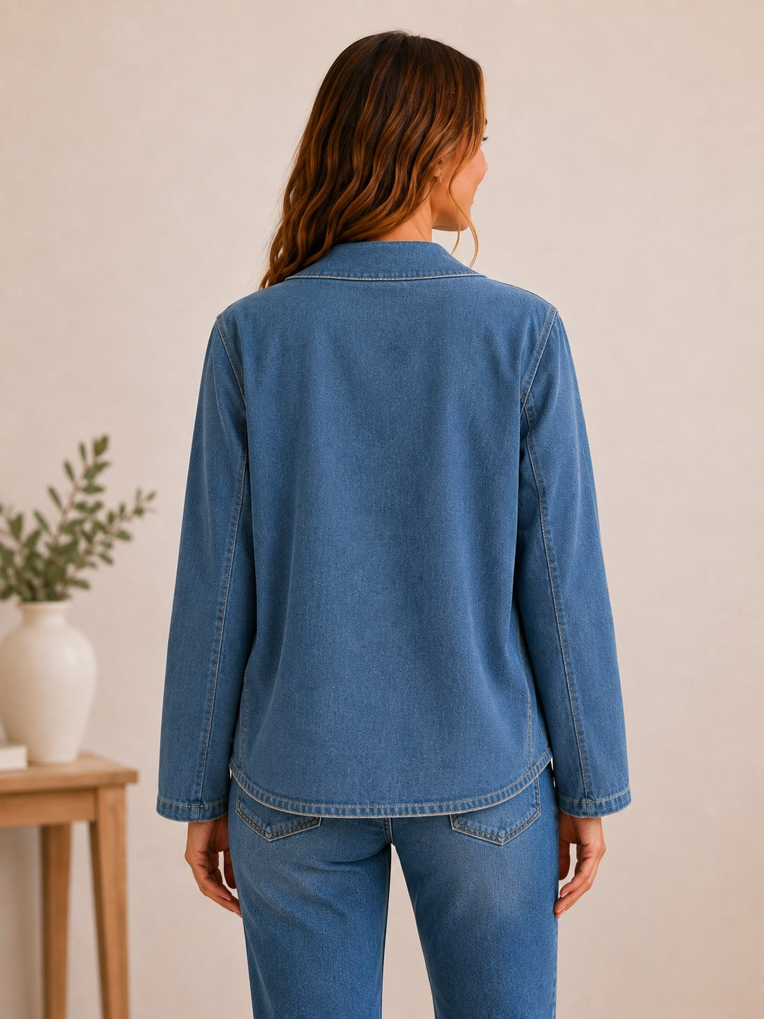 Back view of a woman wearing a LoomBasics vintage blue cotton denim shirt and matching jeans.
