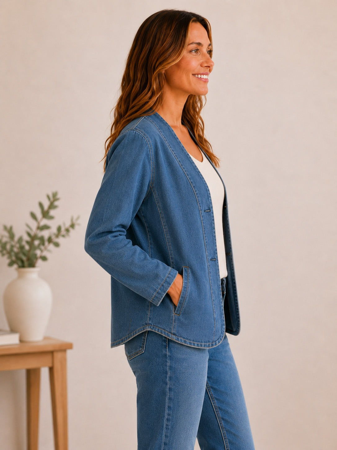 Woman wearing a LoomBasics blue denim jacket and matching jeans over a white top.