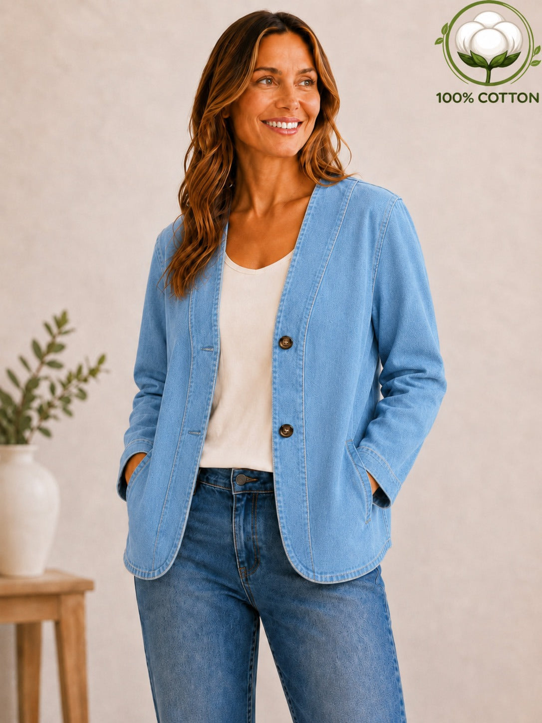Woman wearing a LoomBasics light blue 100% cotton denim blazer and blue jeans.