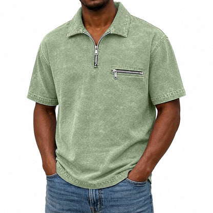 Washed Cotton Quarter Zip Ribbed Polo