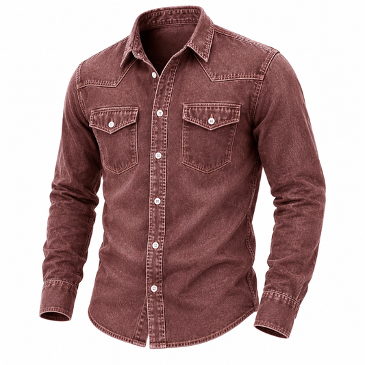 A men's long-sleeve western-style button-up shirt in a washed, faded reddish-brown or dusty rose color, featuring two buttoned chest pockets and white buttons, shown on a plain white background.