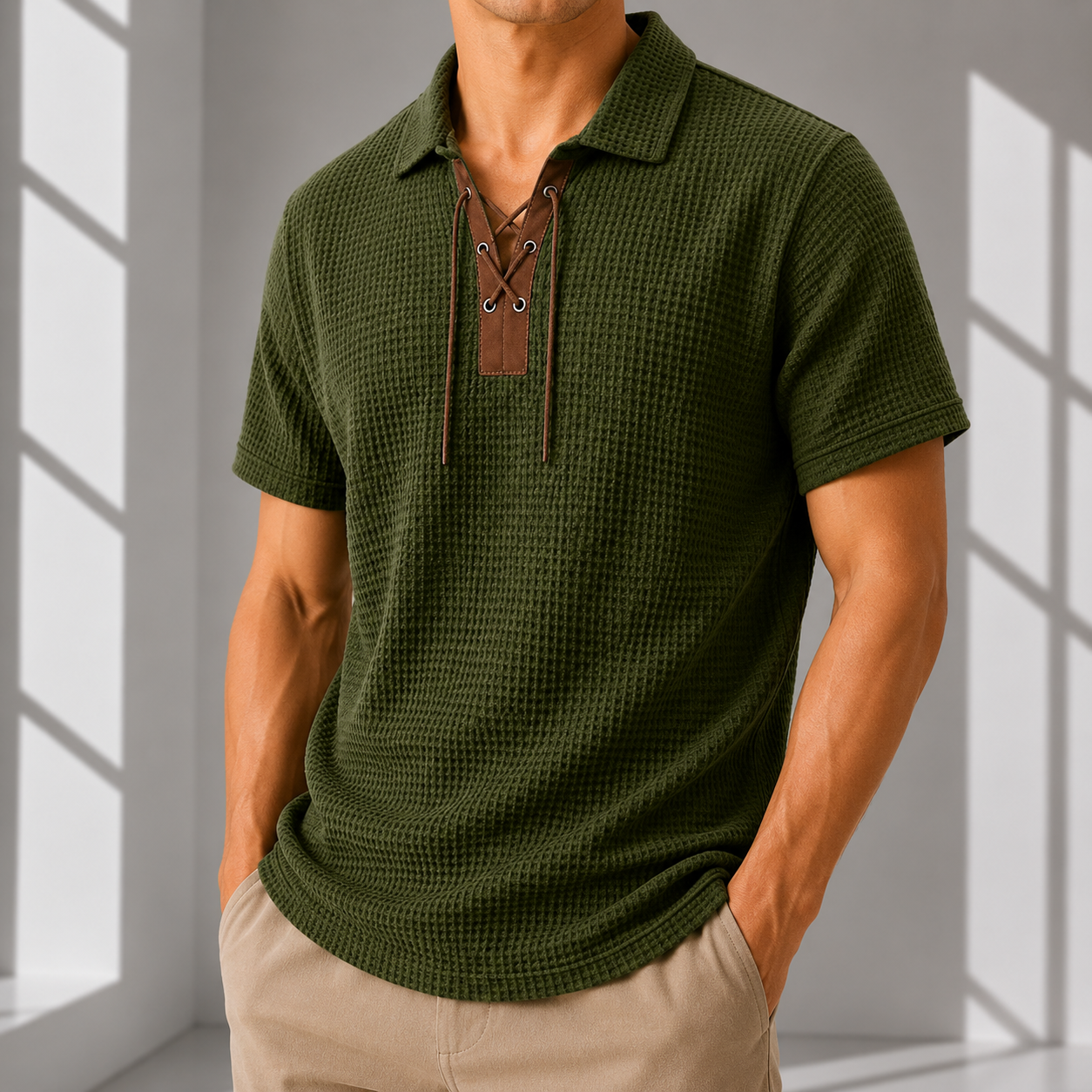 Vintage Lace-Up Collar Waffle Henley Shirt