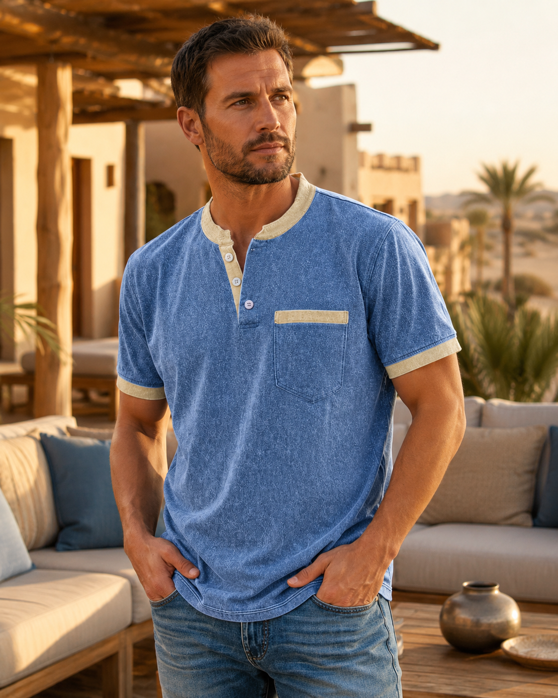 Colorblock 100% Cotton Acid Wash Henley Shirt