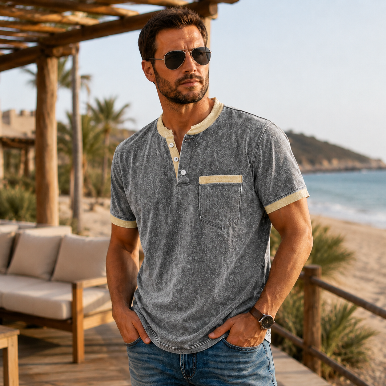 Retro 100% Cotton Acid Wash Henley T-shirt