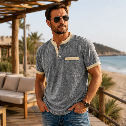 Retro 100% Cotton Acid Wash Henley T-shirt