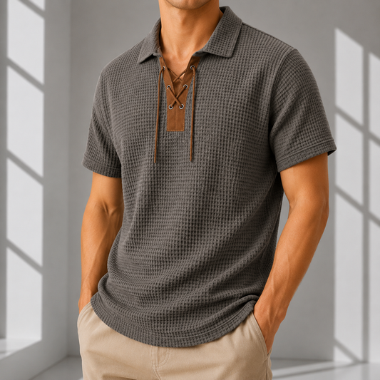 Vintage Lace-Up Collar Waffle Henley Shirt