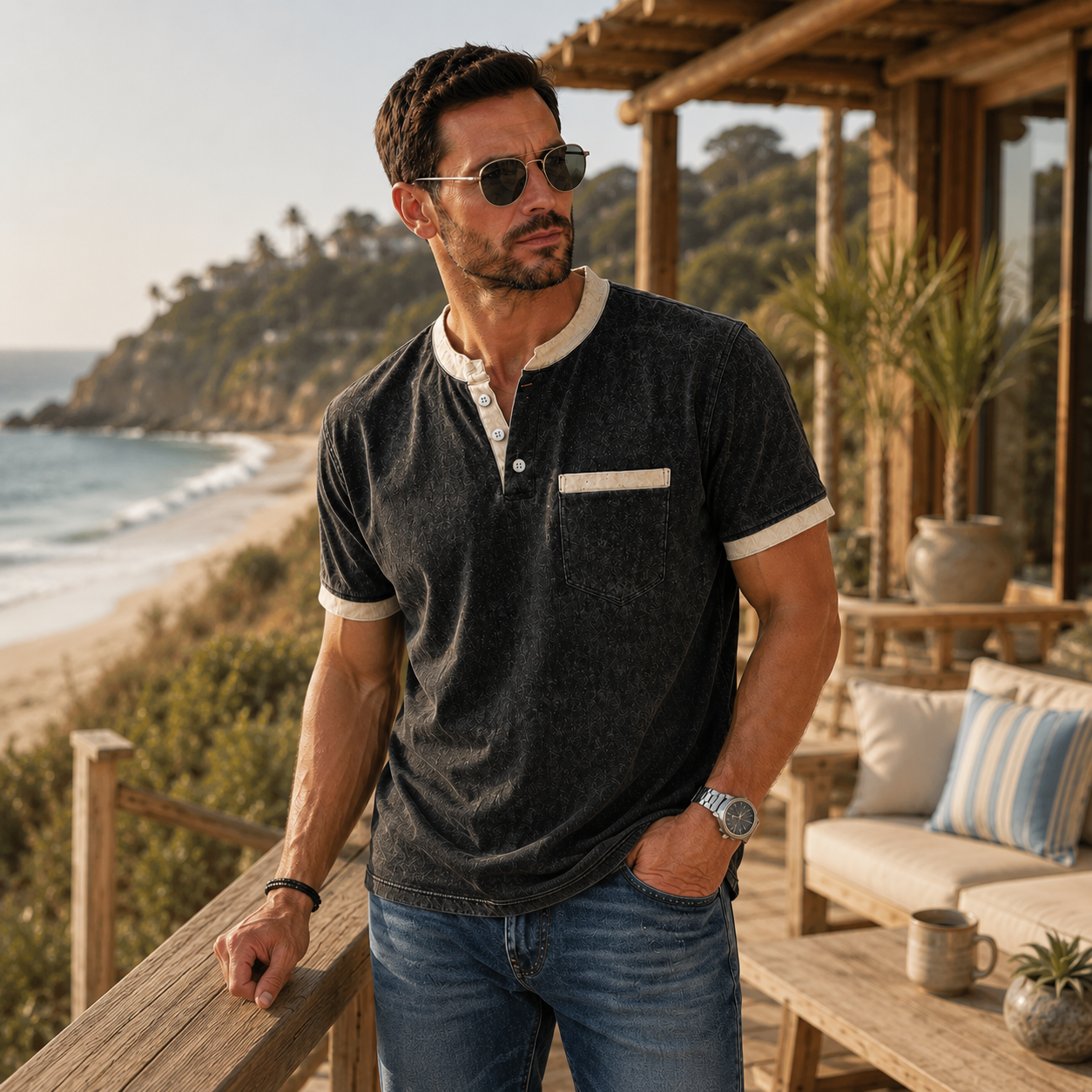 100% Cotton Acid Wash Colorblock Henley Tee