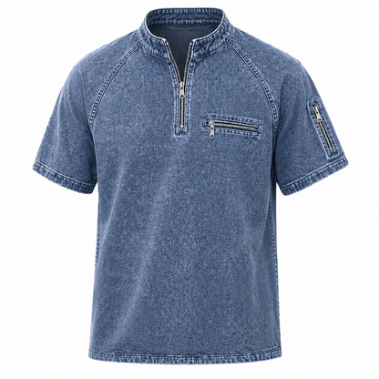 Broken-In Cotton Zip Up Henley Shirt