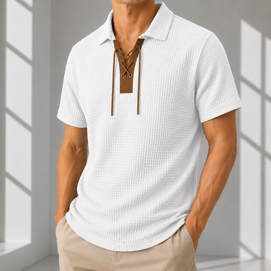 Men's Waffle Knit Lace-Up Polo Shirt