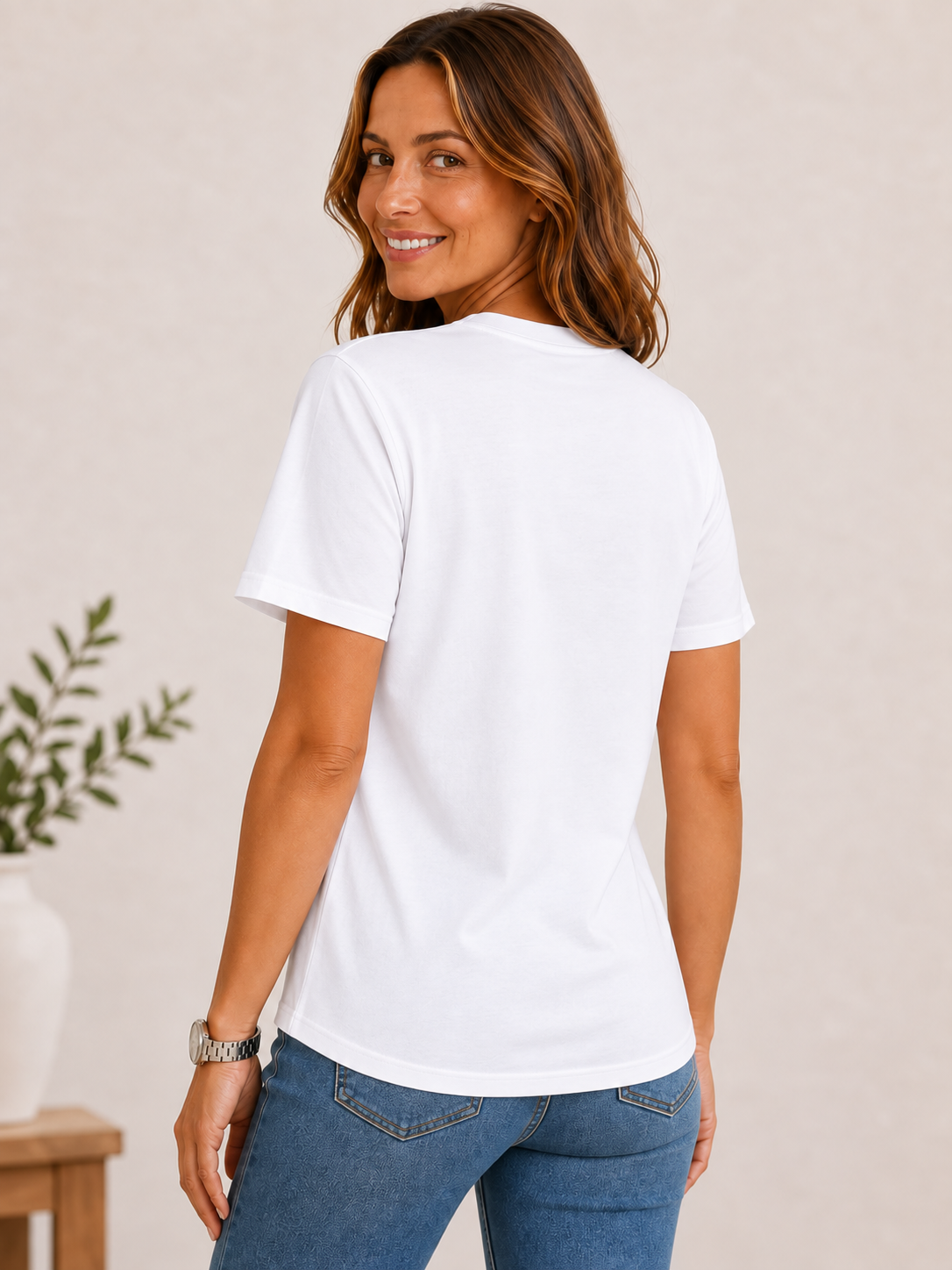 Woman wearing a LoomBasics white 100% cotton crew neck tee and blue jeans, viewed from behind.