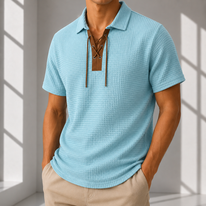 Vintage Lace-Up Collar Waffle Henley Shirt