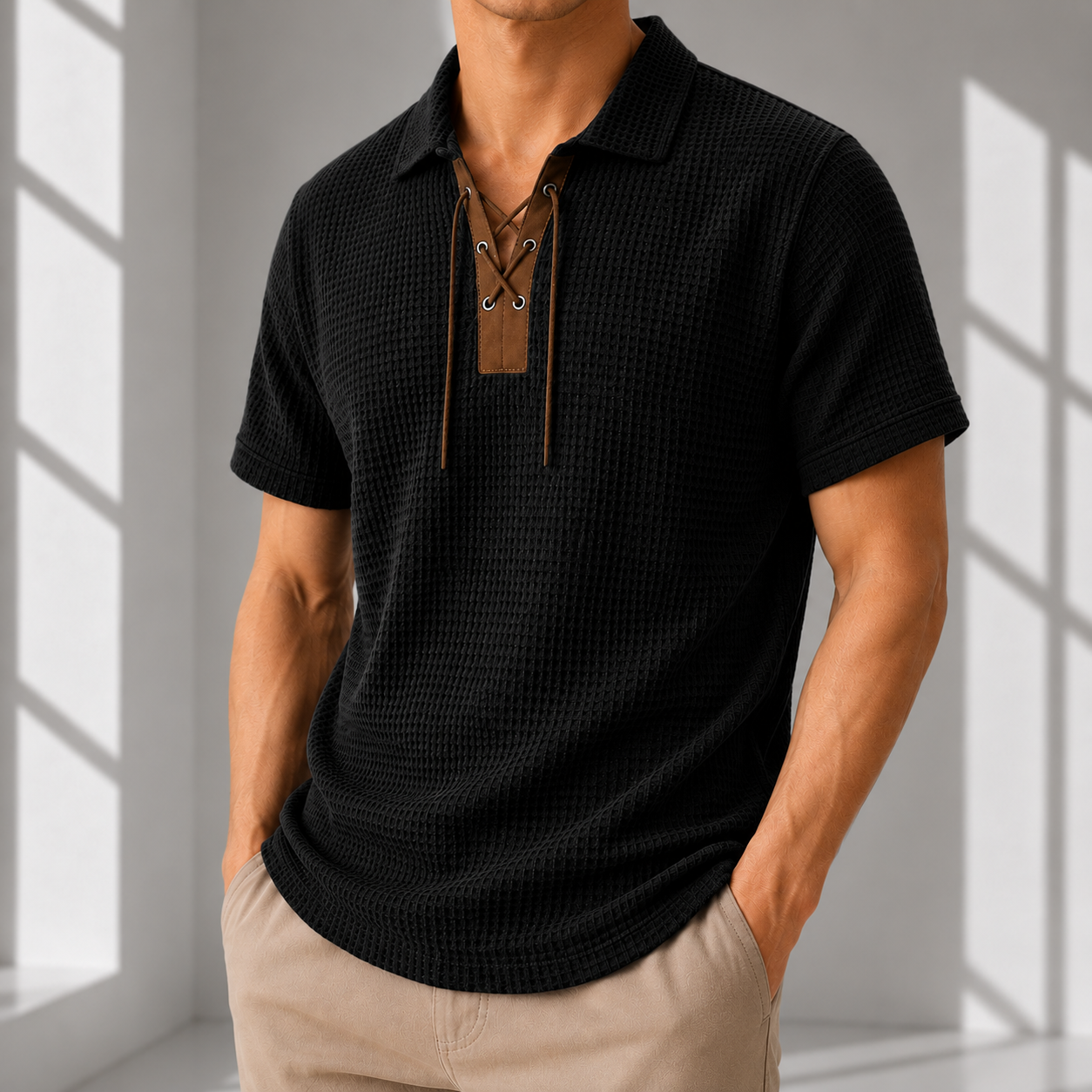 Vintage Lace-Up Collar Waffle Henley Shirt