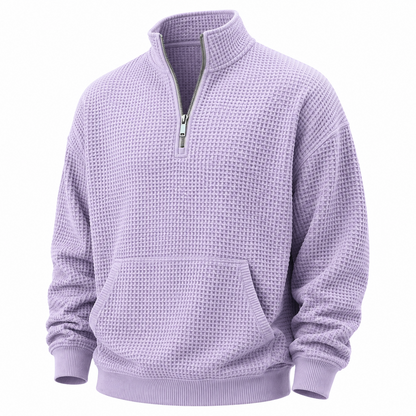 A light purple waffle-knit quarter-zip pullover sweatshirt with a stand collar, ribbed cuffs and hem, and a front kangaroo pocket, shown on a plain white background.