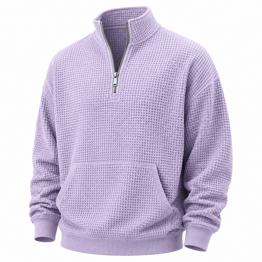 A light purple waffle-knit quarter-zip pullover sweatshirt with a stand collar, ribbed cuffs and hem, and a front kangaroo pocket, shown on a plain white background.