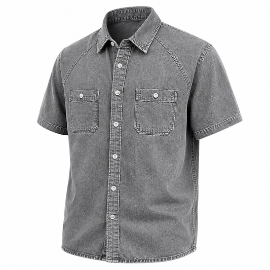 A gray short-sleeve button-down shirt with two chest pockets, shown on a plain white background.