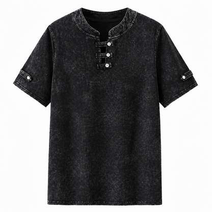 LoomBasics 100% cotton short sleeve tee in acid wash black with button-up henley collar