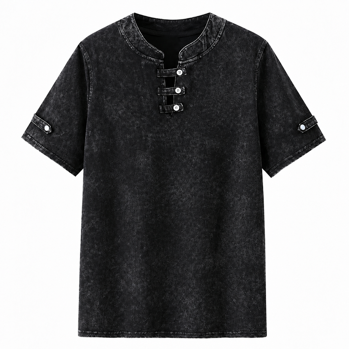 LoomBasics 100% cotton short sleeve tee in acid wash black with button-up henley collar