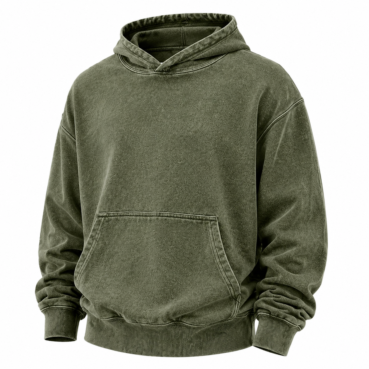 An olive green acid-wash pullover hoodie with a front kangaroo pocket, shown on a plain white background.