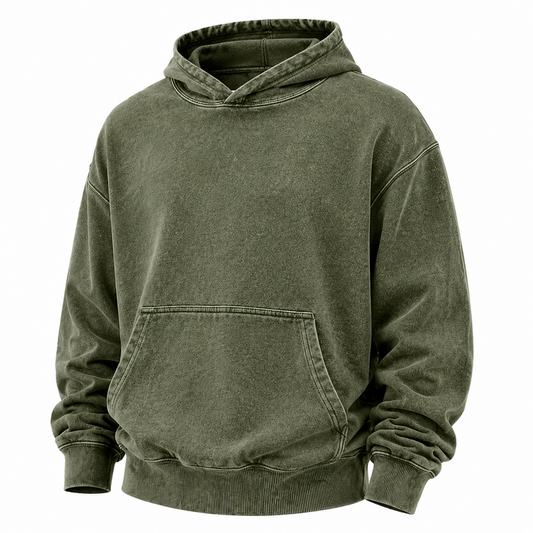 An olive green acid-wash pullover hoodie with a front kangaroo pocket, shown on a plain white background.