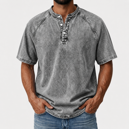 Men's Retro Henley Tee-100% Cotton, Vintage Washed Short Sleeve