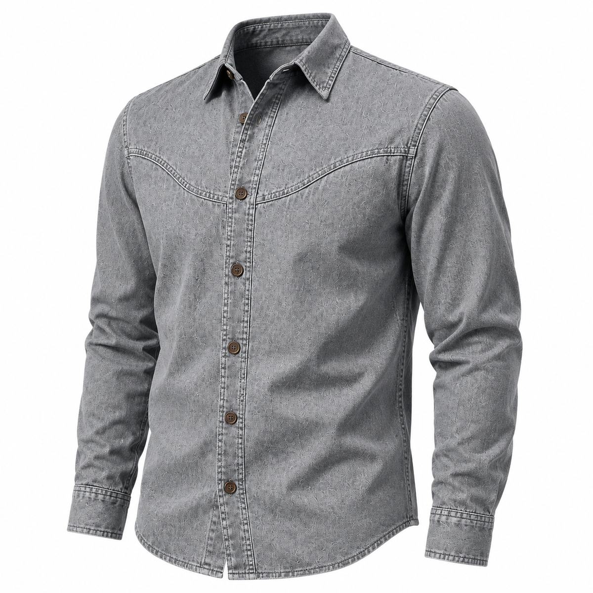 A gray denim long-sleeve button-up shirt with a western-style chest design, shown on a plain white background.