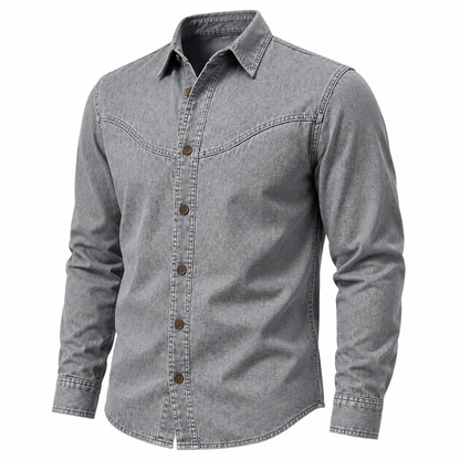 A gray denim long-sleeve button-up shirt with a western-style chest design, shown on a plain white background.