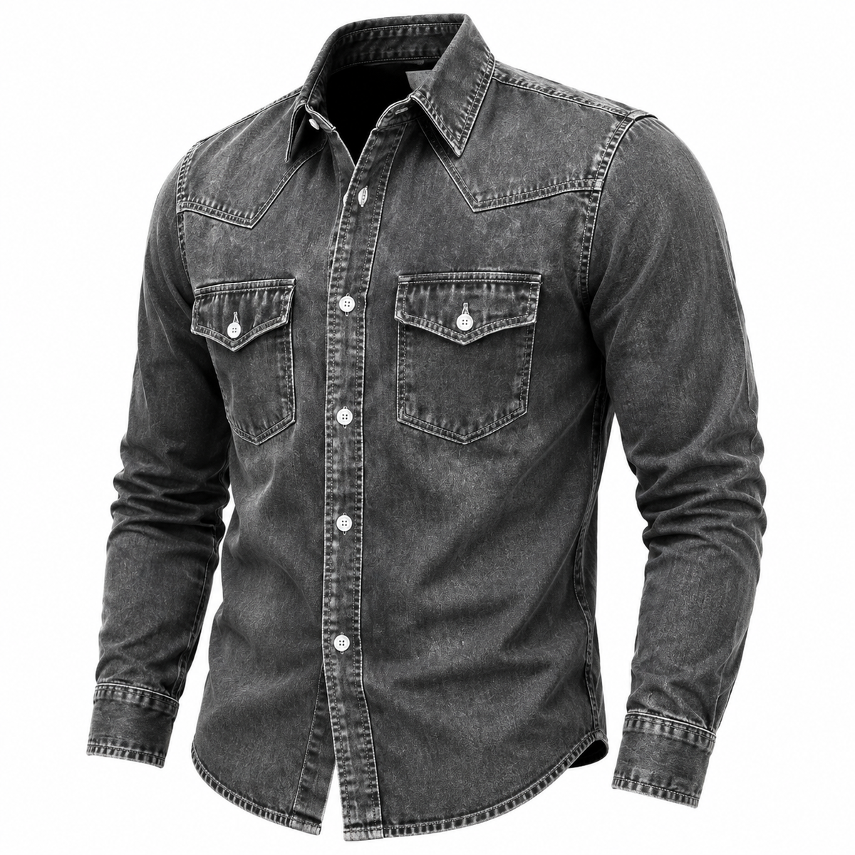 A men's long-sleeve denim shirt in a washed charcoal gray color, featuring a button-down front, two chest flap pockets with button snaps, and a pointed collar, shown against a plain white background.