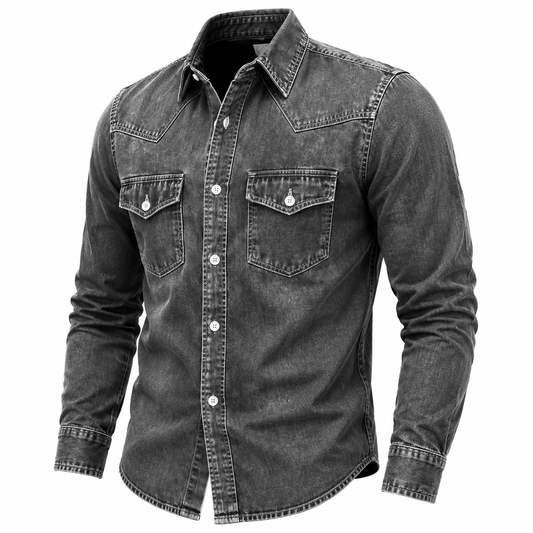 A men's long-sleeve denim shirt in a washed charcoal gray color, featuring a button-down front, two chest flap pockets with button snaps, and a pointed collar, shown against a plain white background.