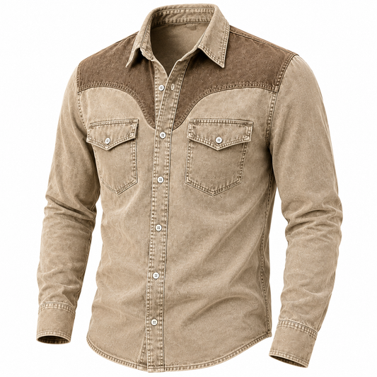 Vintage Washed Cotton Colorblock Denim Shirt