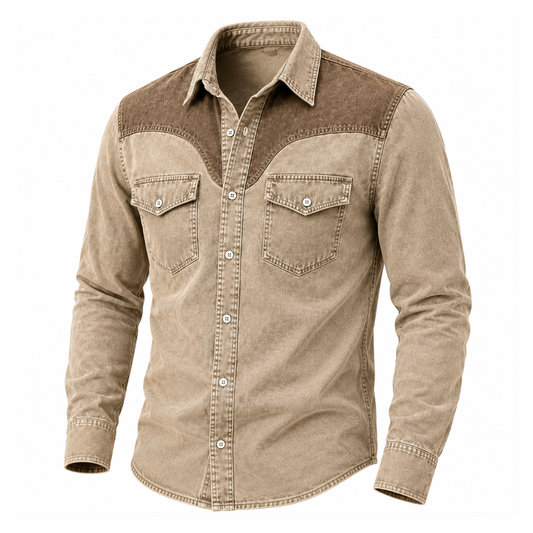 Vintage Washed Cotton Colorblock Denim Work Shirt