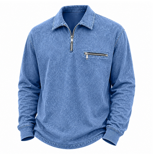 Broken-In Zip Up Cotton Polo Shirt