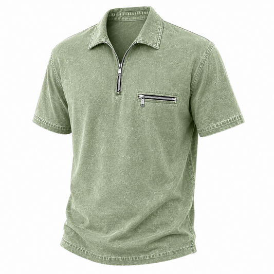 Zip Up Washed Cotton Polo