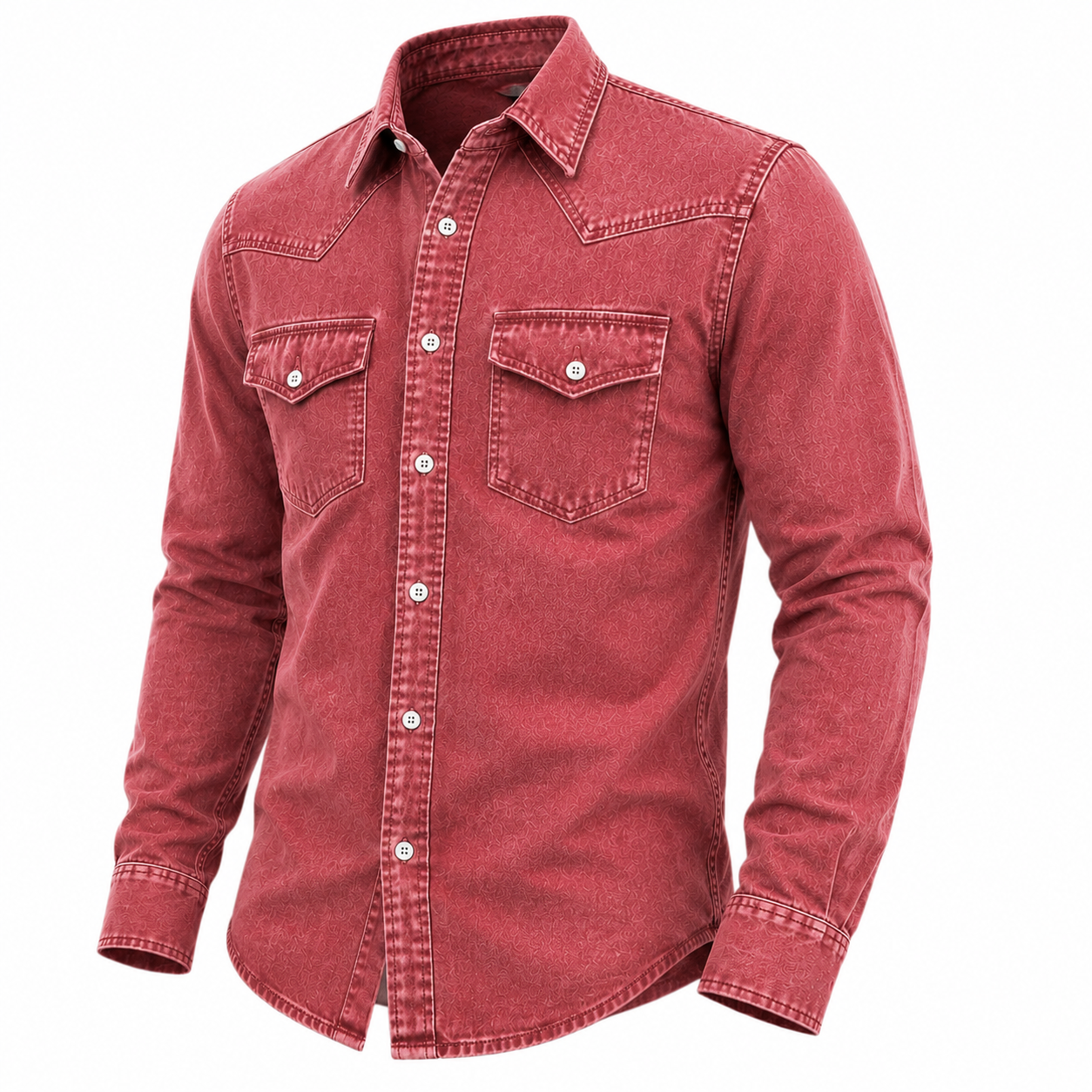 A men's long-sleeve western-style button-up shirt in a washed red or dusty rose denim-like fabric, featuring two chest flap pockets with silver snap buttons and contrast stitching, shown on a plain white background.
