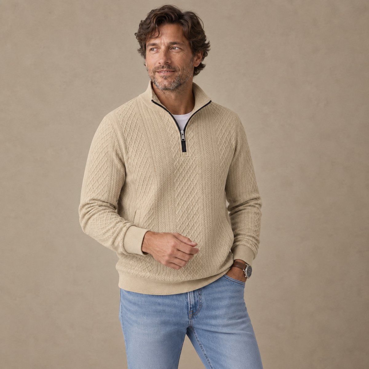 Textured Jacquard Stand Collar Sweatshirt