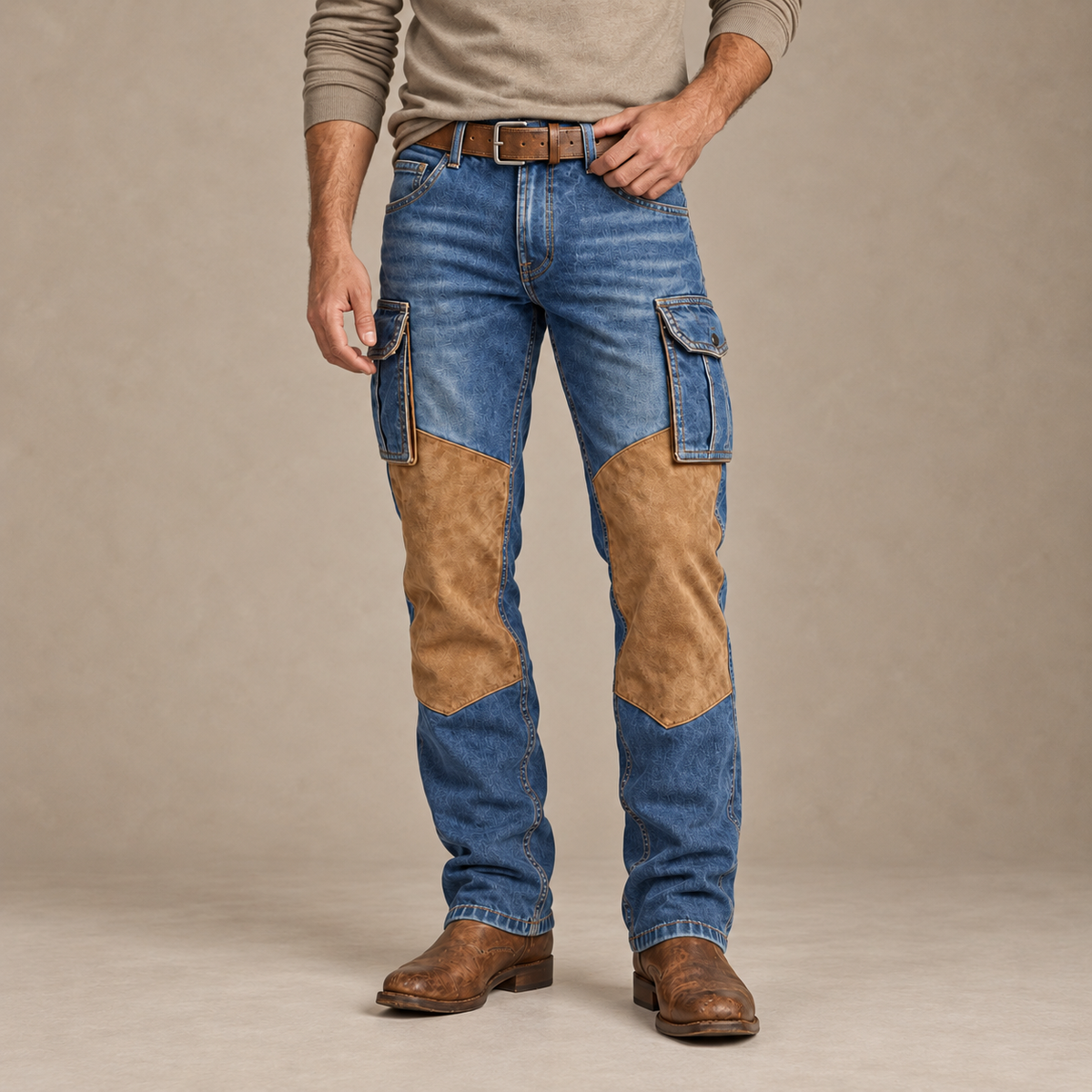 Broken-in Cotton Patchwork Denim Pants