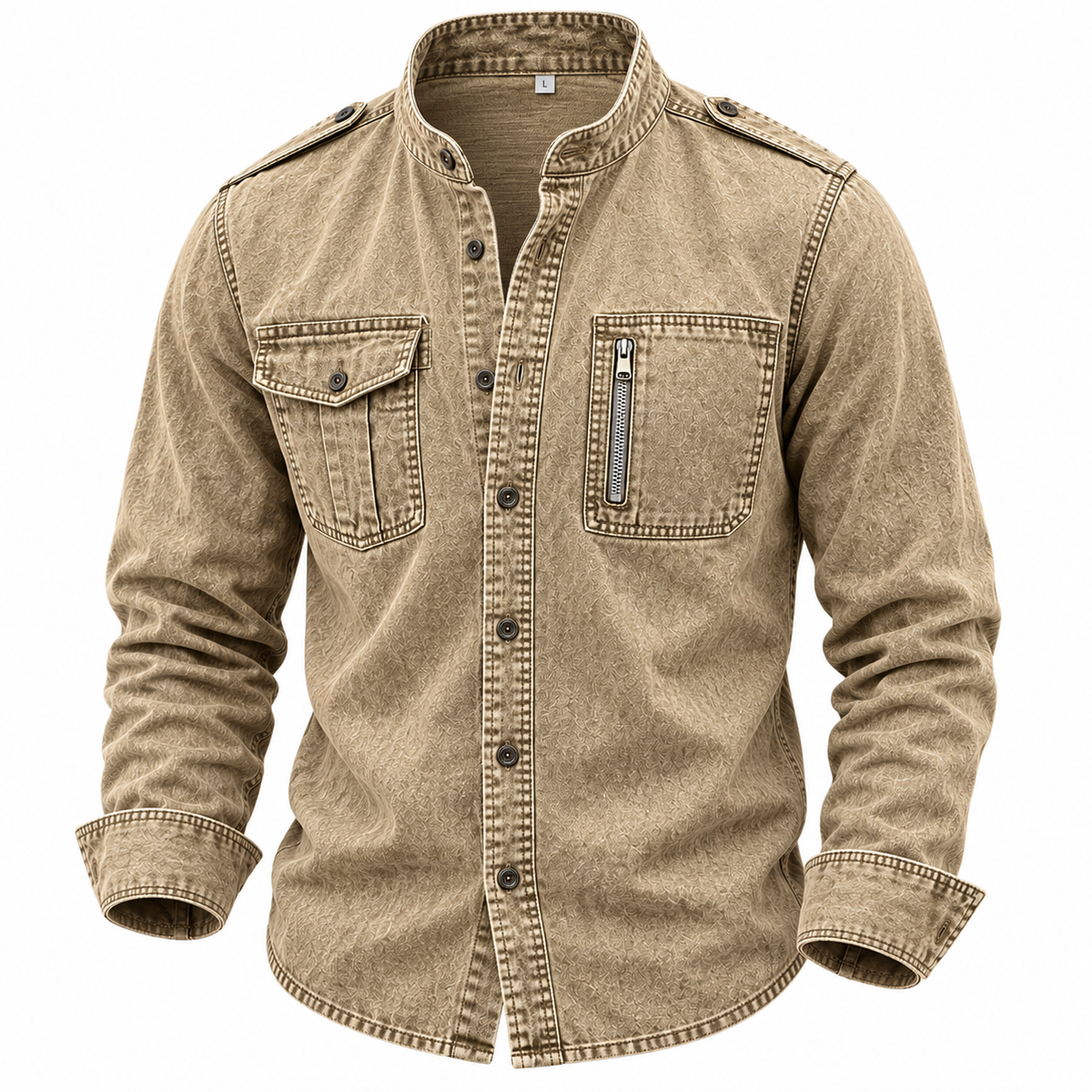 Washed Mandarin Collar Pocket Shirt