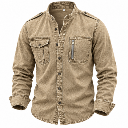Washed Mandarin Collar Pocket Shirt