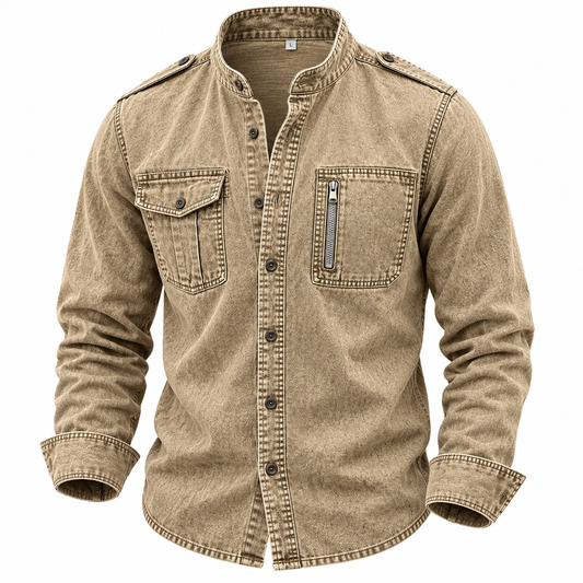 Washed Mandarin Collar Pocket Shirt