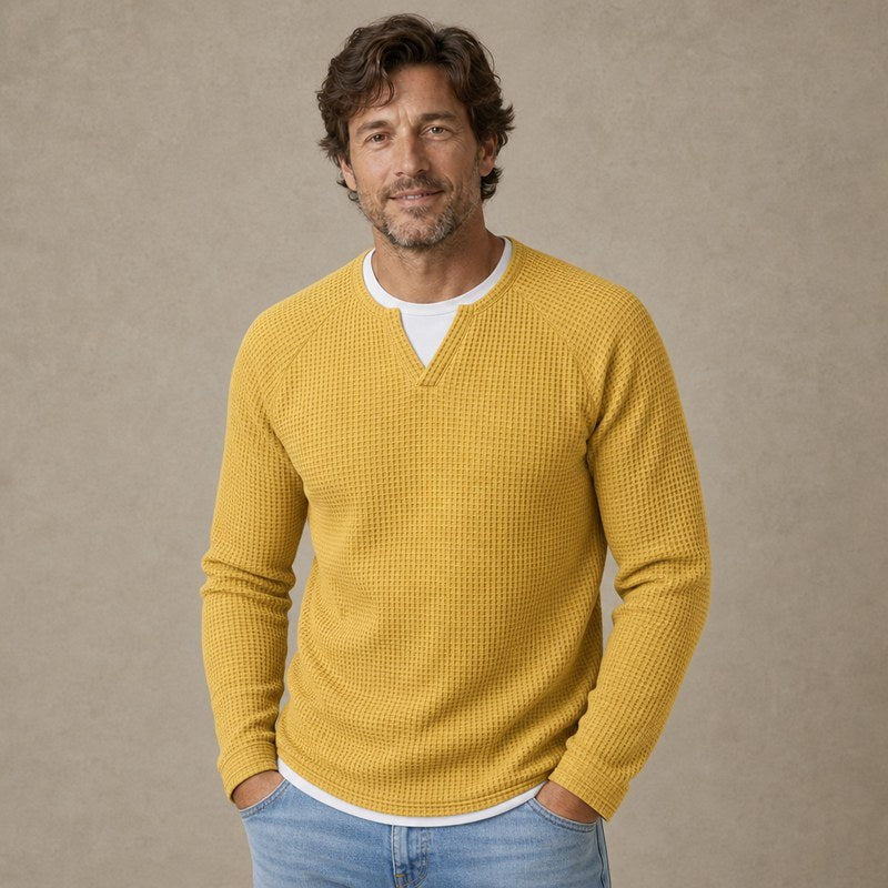 Textured Waffle Notched Crewneck Henley