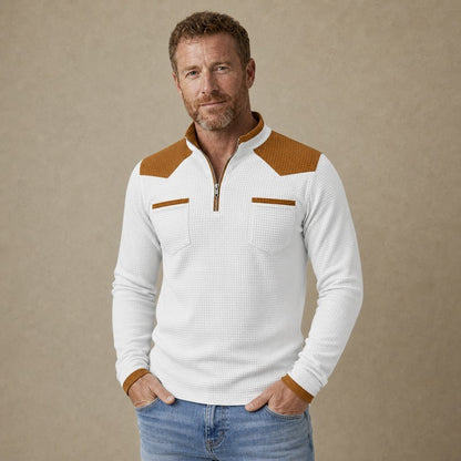 Patchwork Quarter Zip Waffle Polo