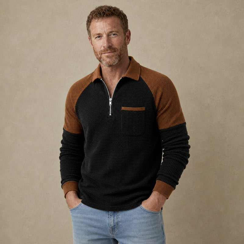 Textured Quarter Zip Colorblock  Waffle Polo