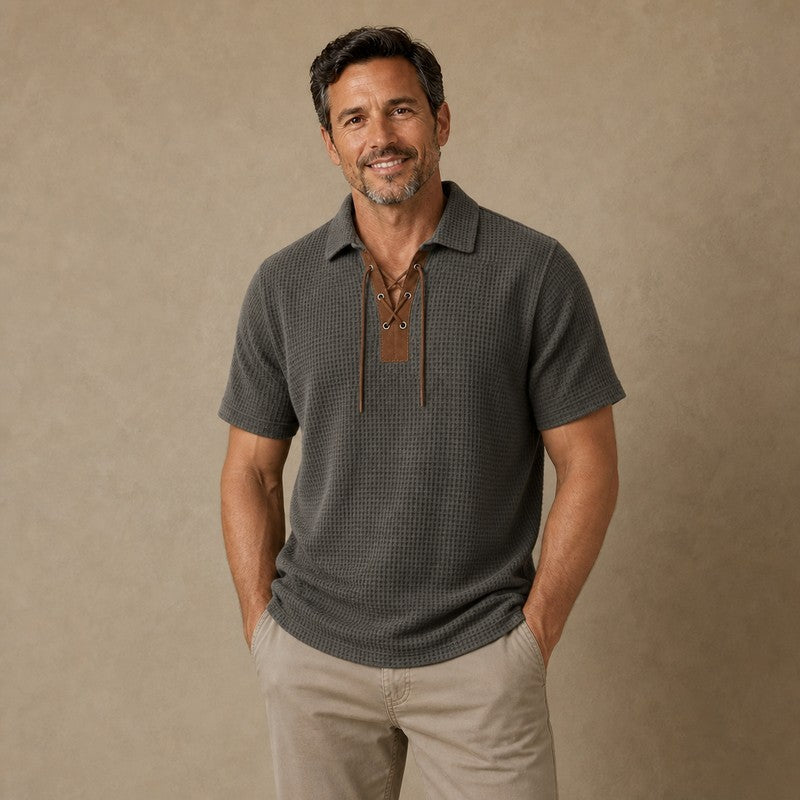 Vintage Lace-Up Collar Waffle Polo