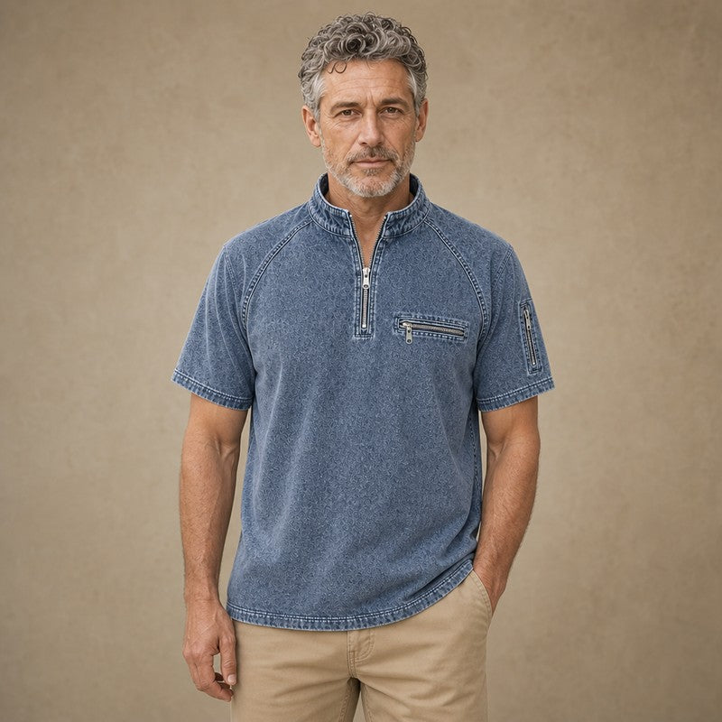Broken-In Cotton Zip Up Henley Shirt