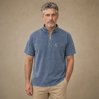 Broken-In Cotton Zip Up Henley Shirt