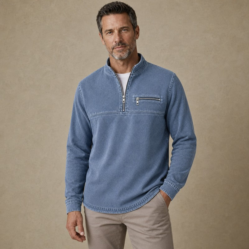 Vintage Washed Cotton Quarter Zip Henley Shirt