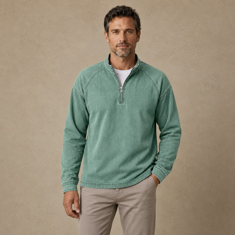Half Zip Washed Cotton Henley Shirt