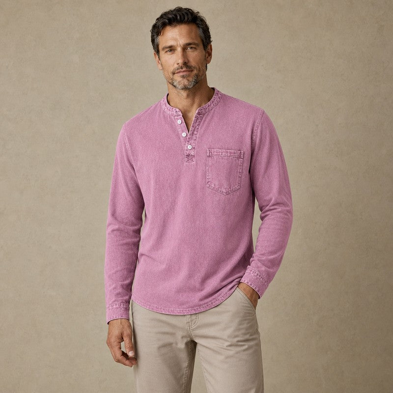 Retro Washed 100% Cotton Henley T-Shirt